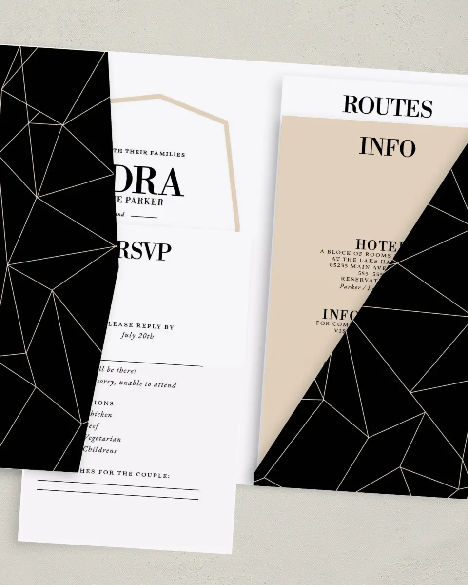 This is a 5" x 7⅞" Pocket Wedding Invitation called Shining Facets printed in full color with Gold foil on Luxe Satin (coated) paper