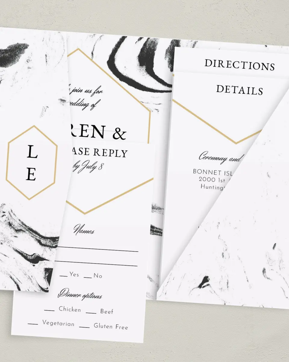 This is a 5" x 7⅞" Pocket Wedding Invitation called Elegant Marble printed in full color with Gold foil on Luxe Satin (coated) paper