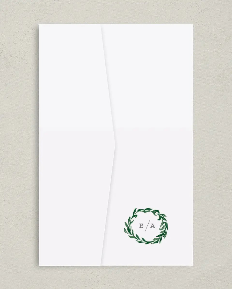 This is a 5" x 7⅞" Pocket Wedding Invitation called Watercolor Monogram printed in full color on Premium Smooth paper