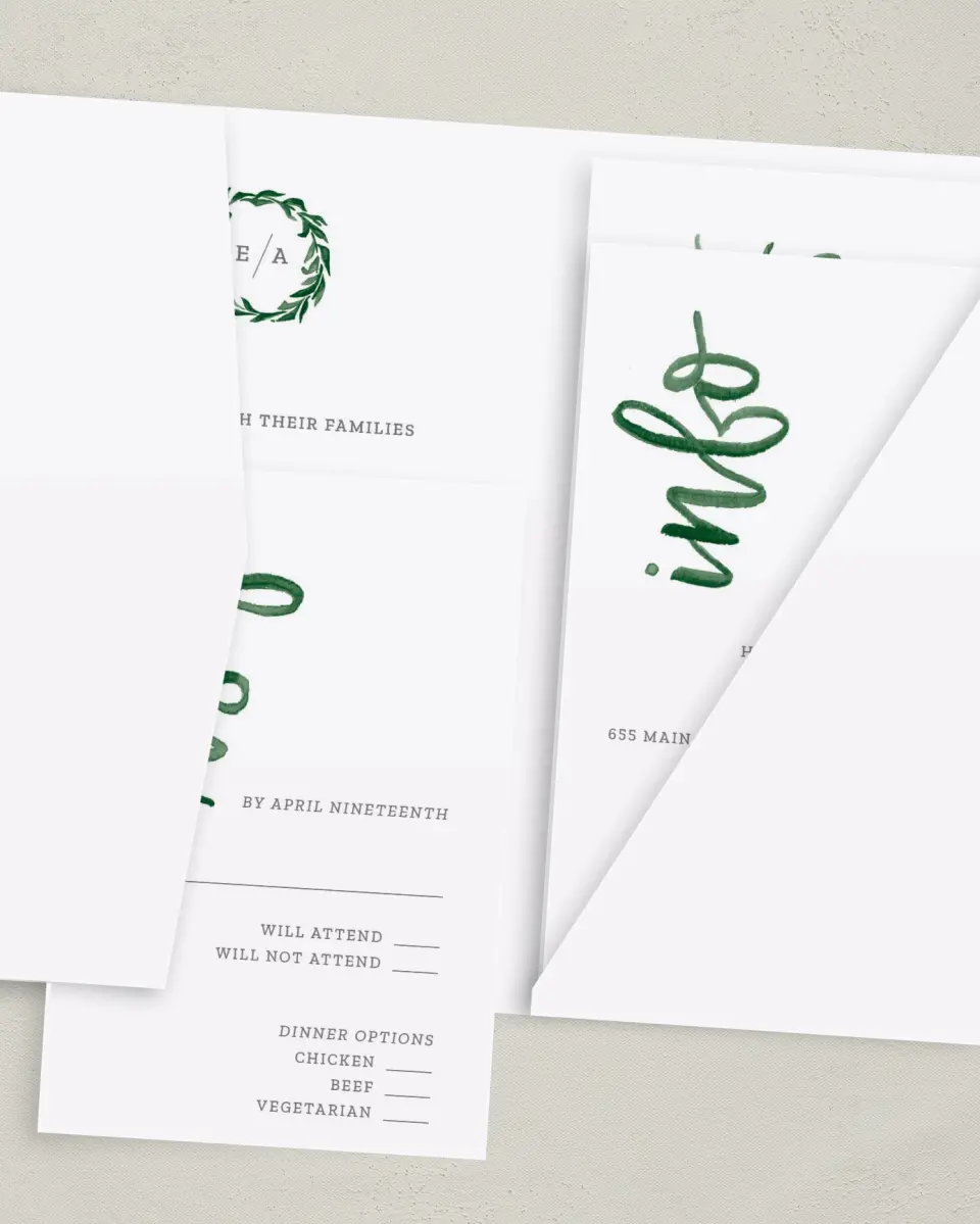 This is a 5" x 7⅞" Pocket Wedding Invitation called Watercolor Monogram printed in full color with Gold foil on Luxe Satin (coated) paper