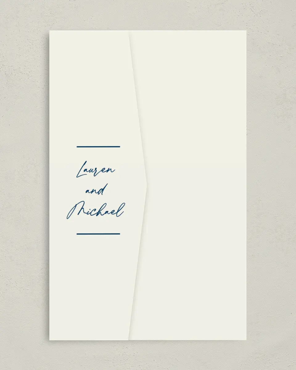 This is a 5" x 7⅞" Pocket Wedding Invitation called Lustrous Lines printed in full color on Premium Smooth paper