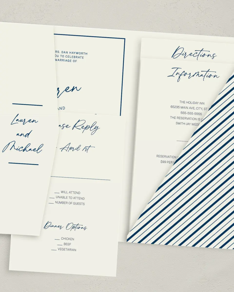 This is a 5" x 7⅞" Pocket Wedding Invitation called Lustrous Lines printed in full color with Gold foil on Luxe Satin (coated) paper