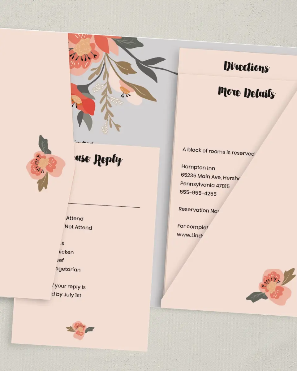This is a 5" x 7⅞" Pocket Wedding Invitation called Floral Allure printed in full color with Gold foil on Luxe Satin (coated) paper