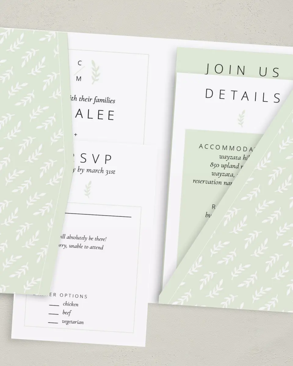 This is a 5" x 7⅞" Pocket Wedding Invitation called Sweet Sprigs printed in full color with Gold foil on Luxe Satin (coated) paper