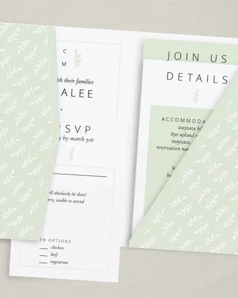 This is a 5" x 7⅞" Pocket Wedding Invitation called Sweet Sprigs printed in full color on Premium Smooth paper