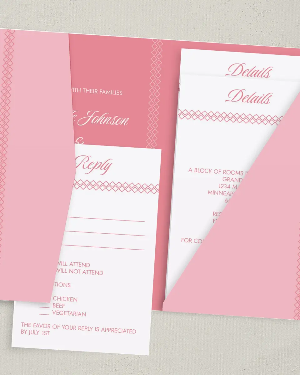 This is a 5" x 7⅞" Pocket Wedding Invitation called Shades of Love printed in full color with Gold foil on Luxe Satin (coated) paper
