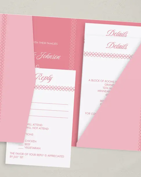 This is a 5" x 7⅞" Pocket Wedding Invitation called Shades of Love printed in full color on Premium Smooth paper