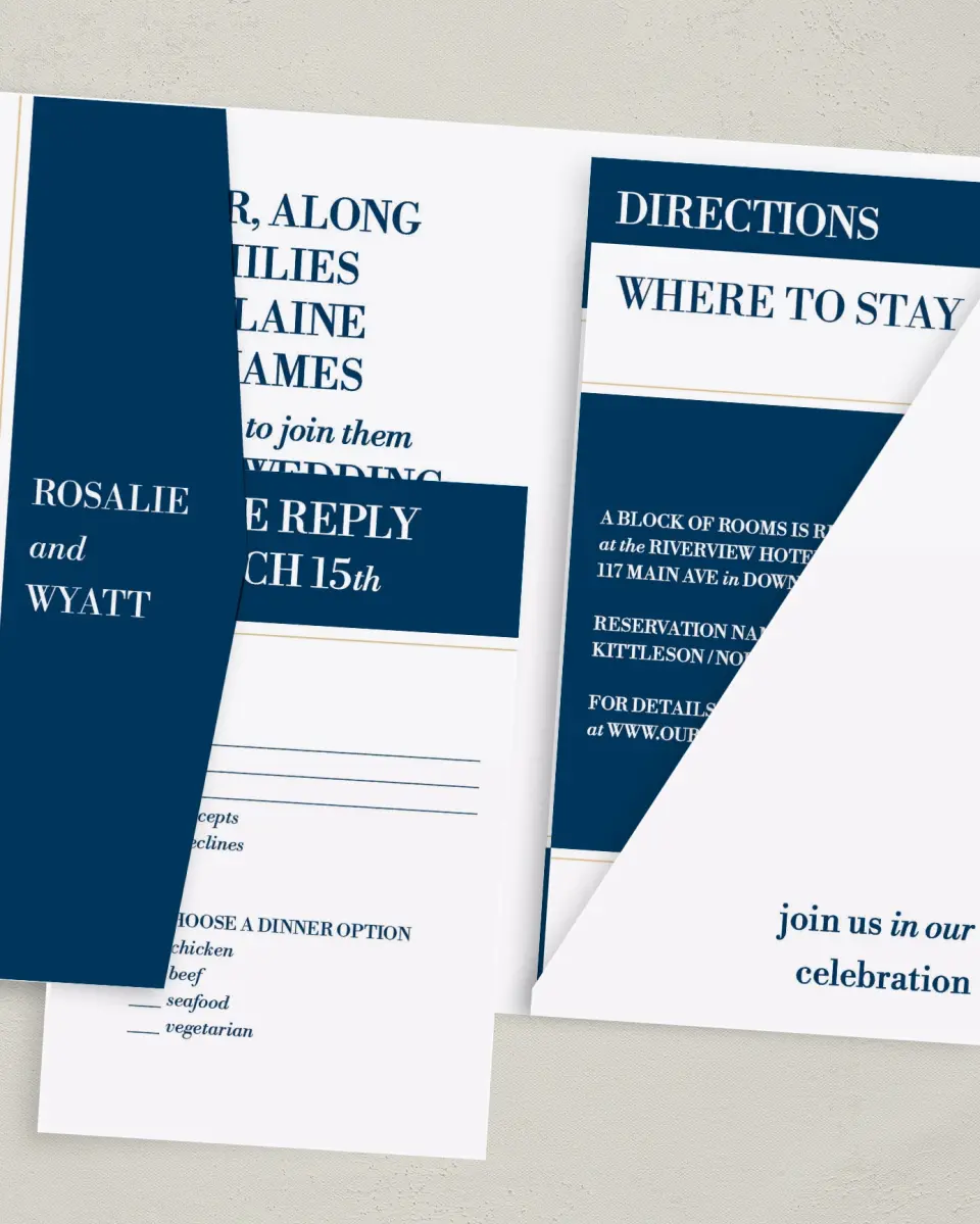 This is a 5" x 7⅞" Pocket Wedding Invitation called Chic Editorial printed in full color on Premium Smooth paper