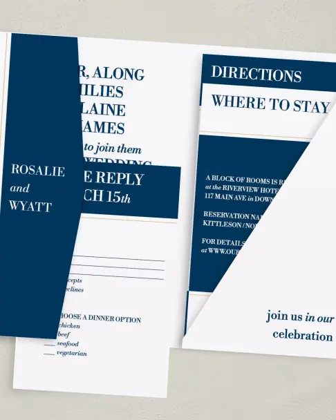 This is a 5" x 7⅞" Pocket Wedding Invitation called Chic Editorial printed in full color on Premium Smooth paper