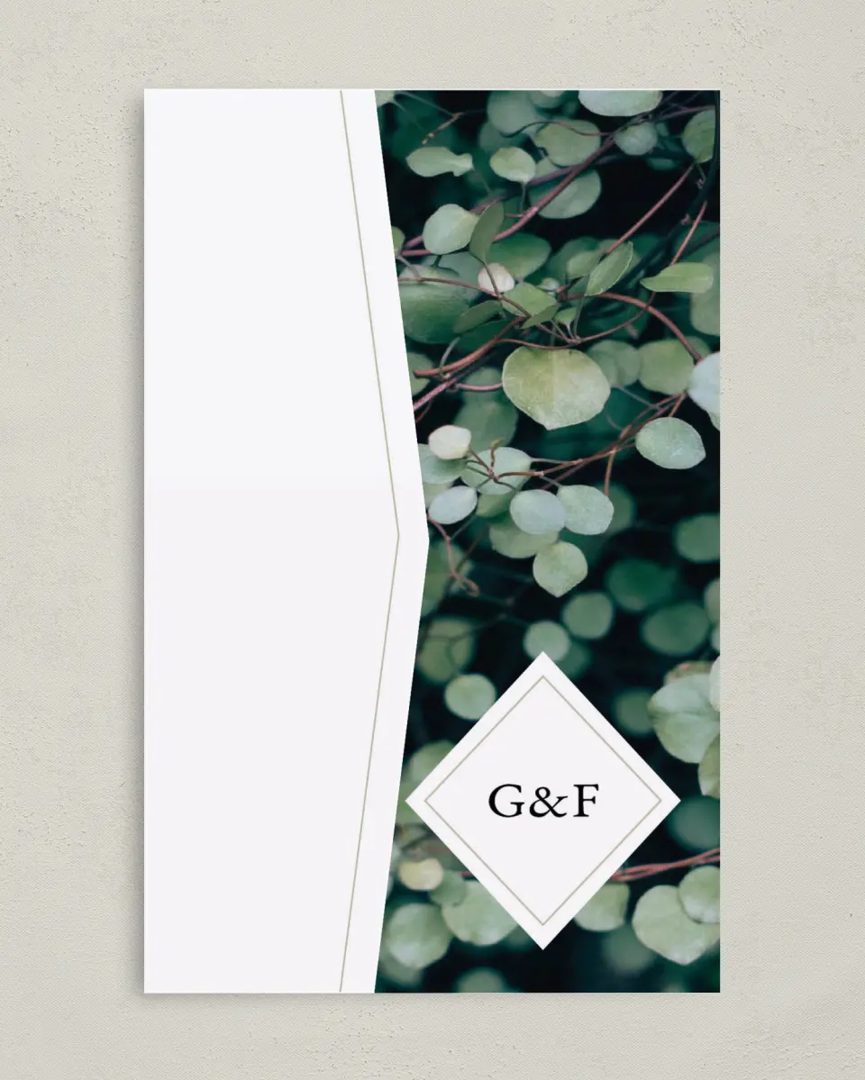 This is a 5" x 7⅞" Pocket Wedding Invitation called Vogue Vineyard printed in full color on Premium Smooth paper