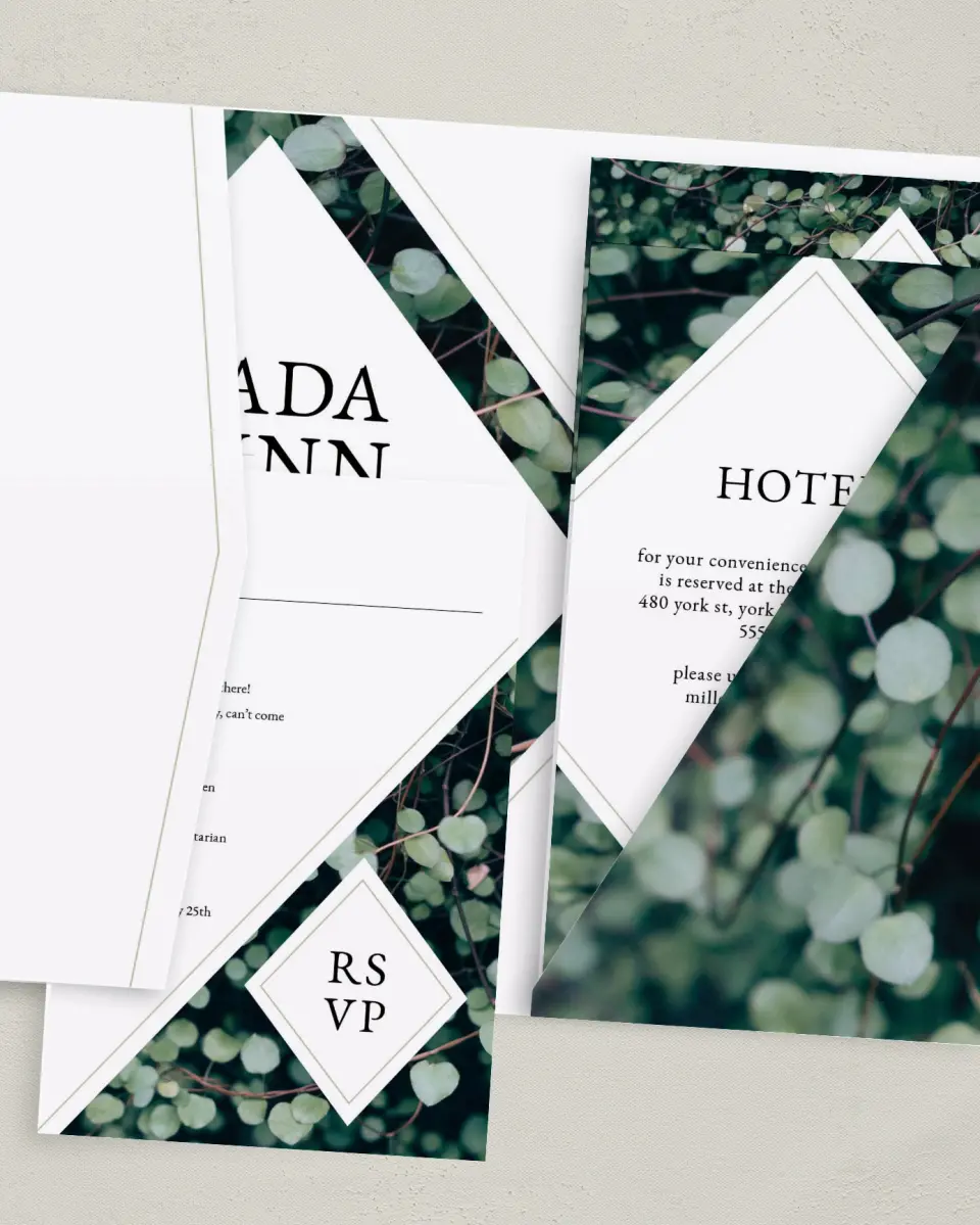 This is a 5" x 7⅞" Pocket Wedding Invitation called Vogue Vineyard printed in full color with Gold foil on Luxe Satin (coated) paper