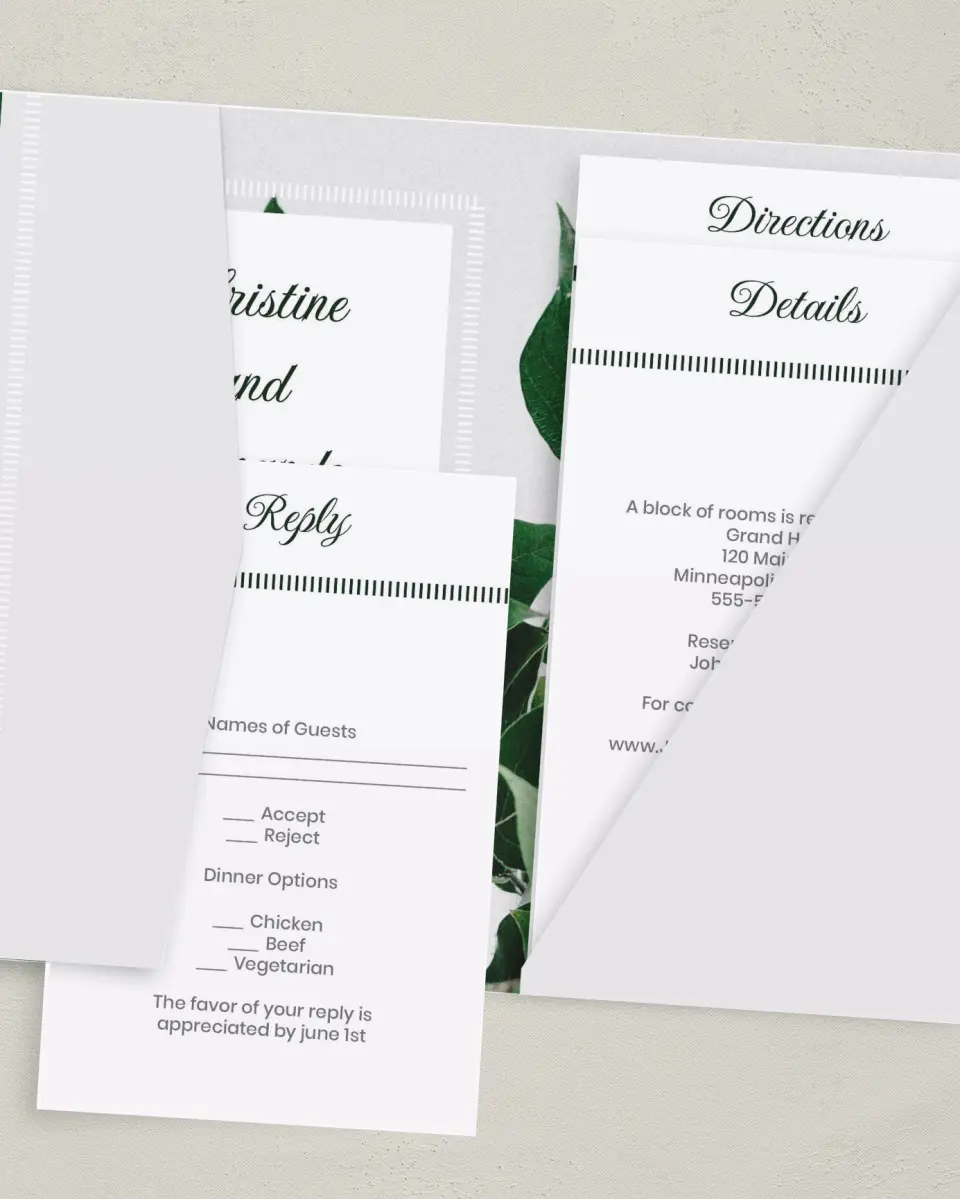 This is a 5" x 7⅞" Pocket Wedding Invitation called Love Grows printed in full color with Gold foil on Luxe Satin (coated) paper