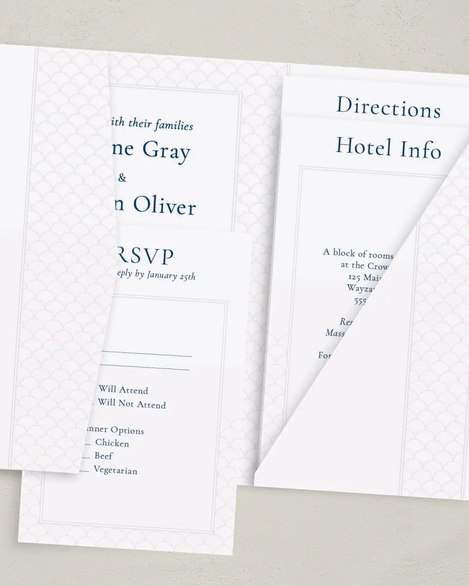This is a 5" x 7⅞" Pocket Wedding Invitation called Simply Scalloped printed in full color with Gold foil on Luxe Satin (coated) paper