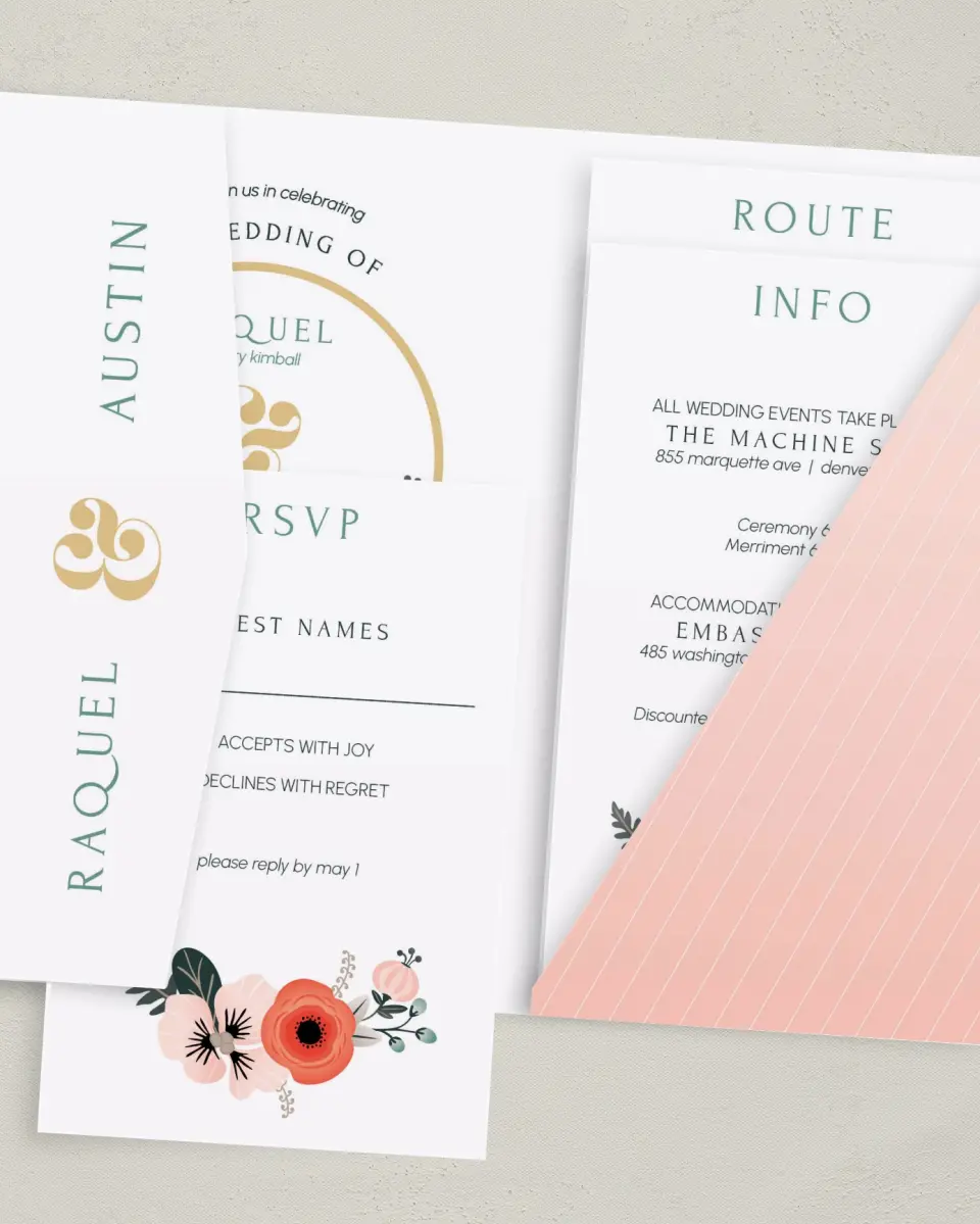 This is a 5" x 7⅞" Pocket Wedding Invitation called Modern Wreath printed in full color with Gold foil on Luxe Satin (coated) paper