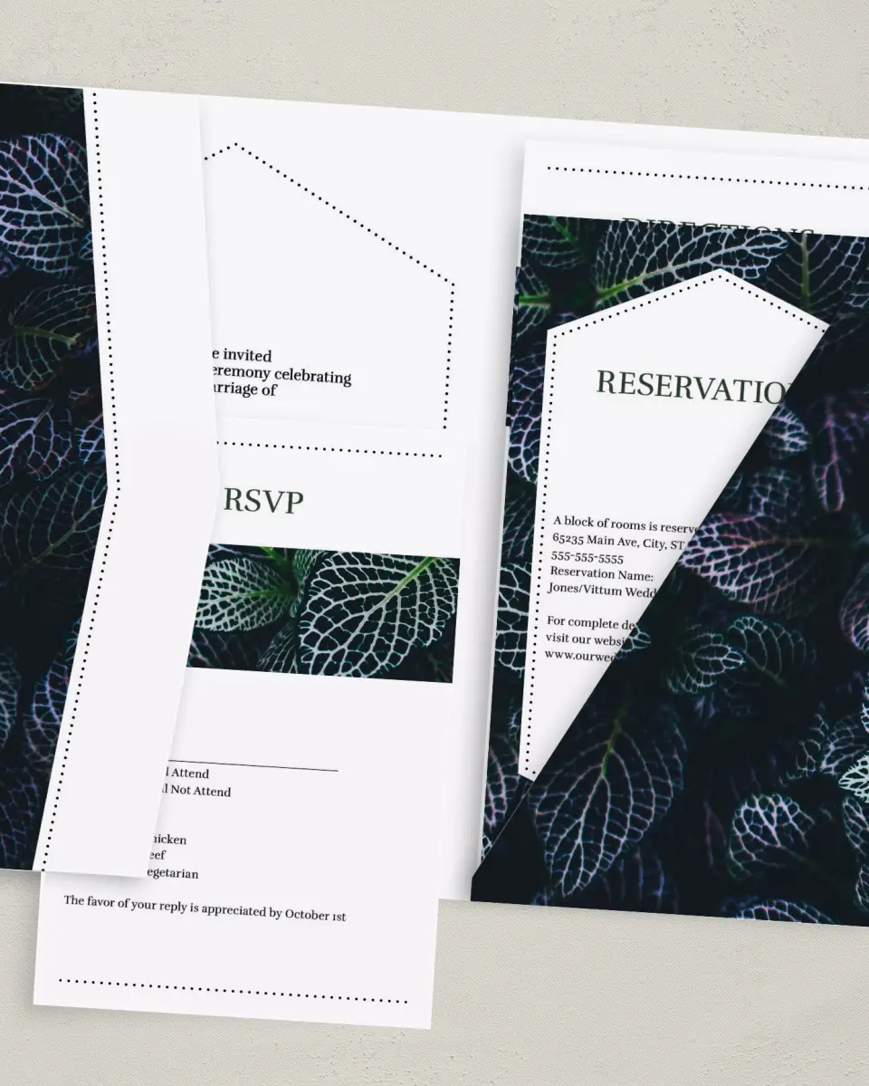 This is a 5" x 7⅞" Pocket Wedding Invitation called Enchanted Garden printed in full color with Gold foil on Luxe Satin (coated) paper