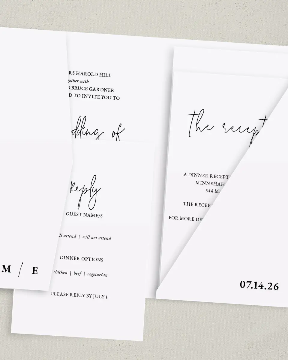 This is a 5" x 7⅞" Pocket Wedding Invitation called Sensibly Simple printed in full color on Premium Smooth paper