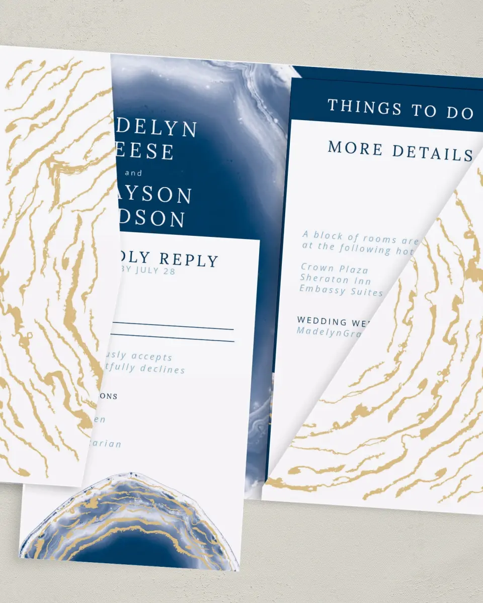 This is a 5" x 7⅞" Pocket Wedding Invitation called Dazzling Agate printed in full color on Premium Smooth paper