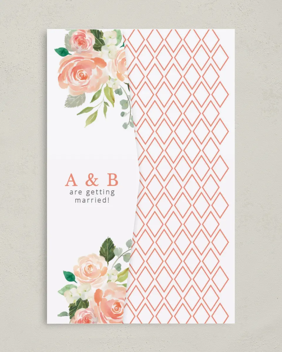 This is a 5" x 7⅞" Pocket Wedding Invitation called Diamond Garden printed in full color on Premium Smooth paper