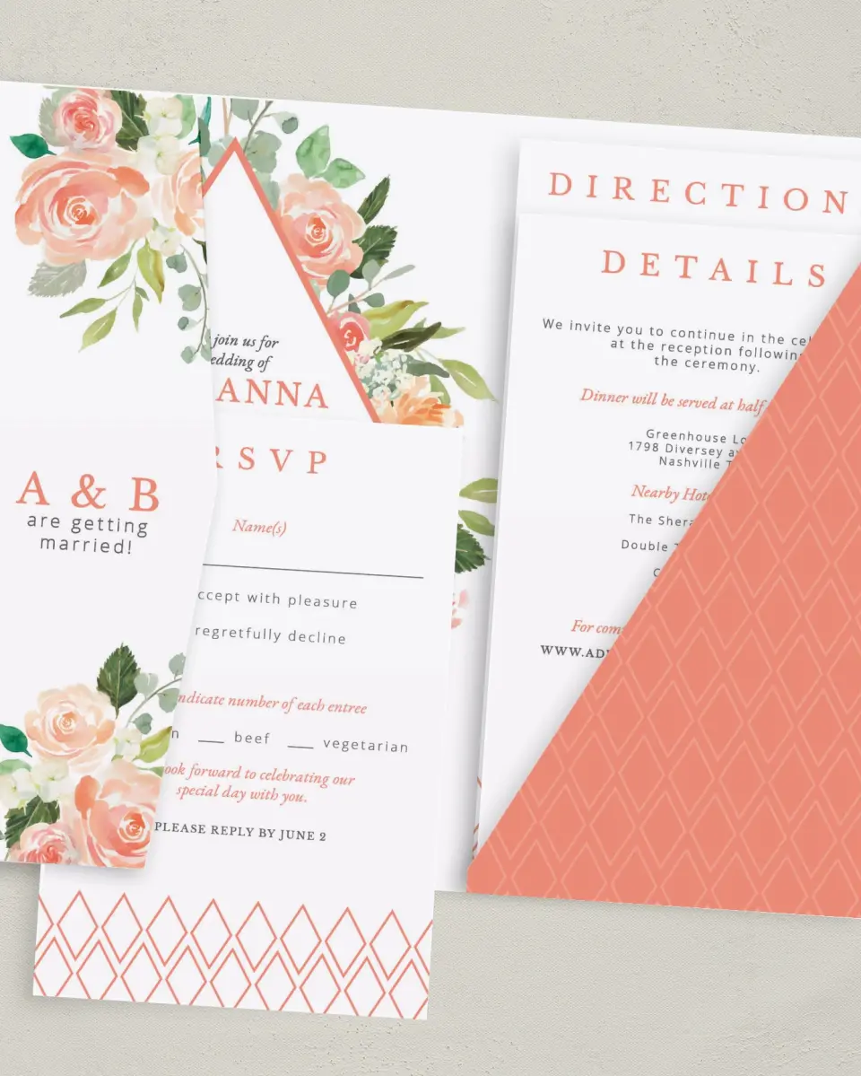 This is a 5" x 7⅞" Pocket Wedding Invitation called Diamond Garden printed in full color with Gold foil on Luxe Satin (coated) paper