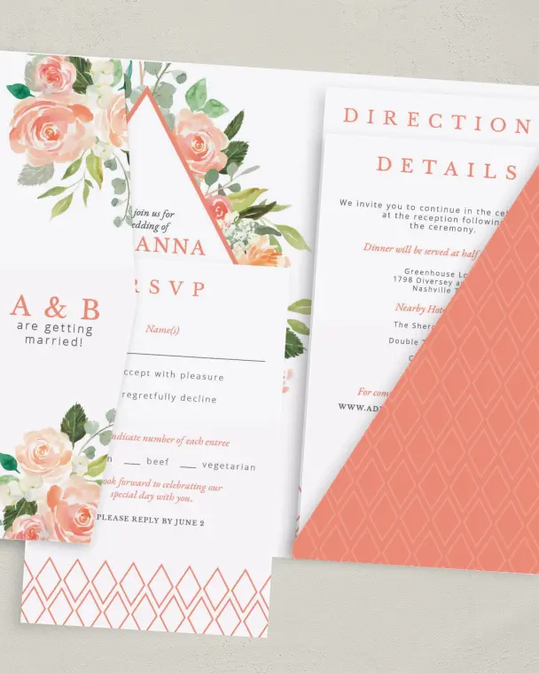 This is a 5" x 7⅞" Pocket Wedding Invitation called Diamond Garden printed in full color on Premium Smooth paper