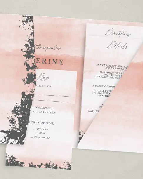 This is a 5" x 7⅞" Pocket Wedding Invitation called Chic Patina printed in full color on Premium Smooth paper