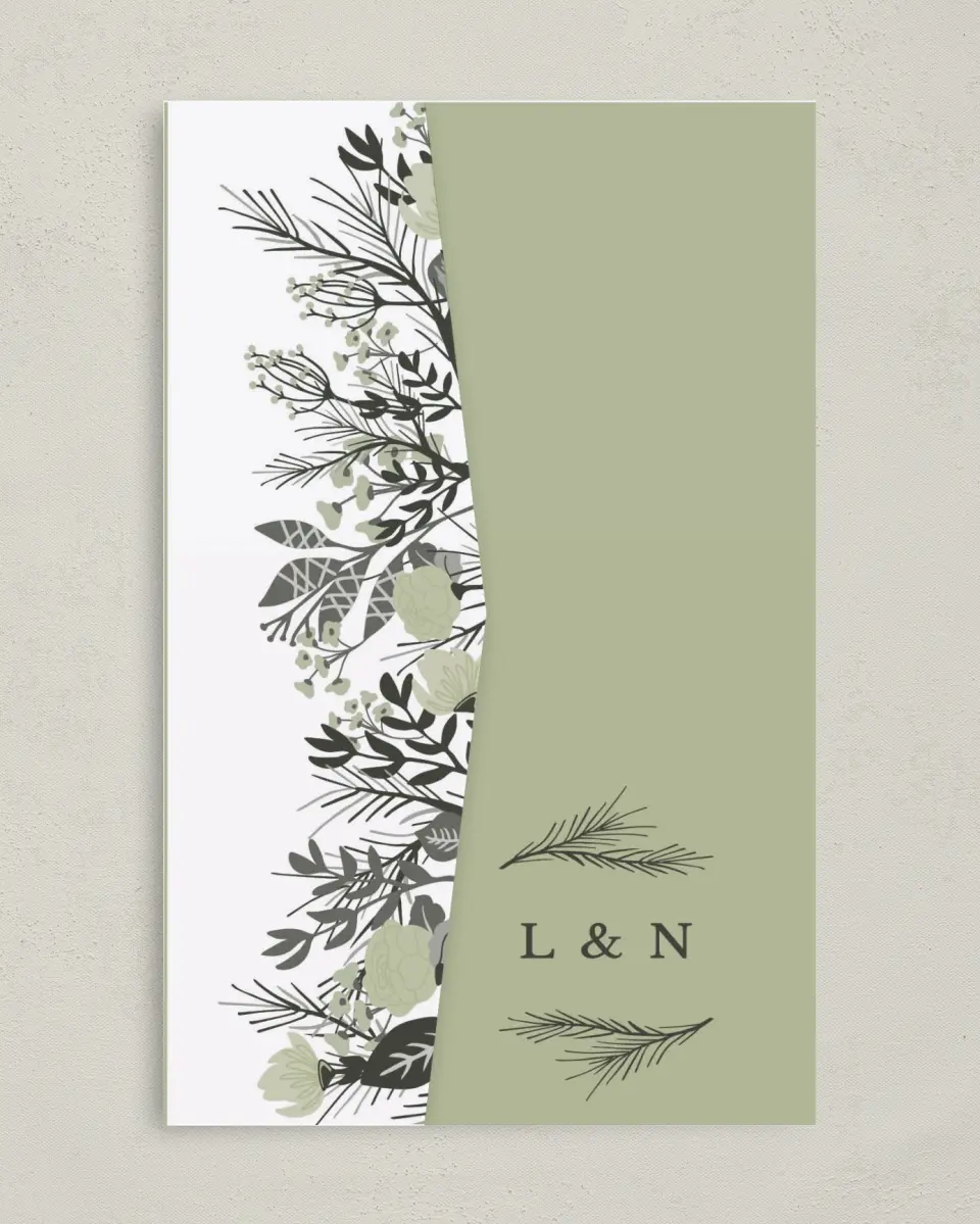 This is a 5" x 7⅞" Pocket Wedding Invitation called Greenery Crown printed in full color on Premium Smooth paper