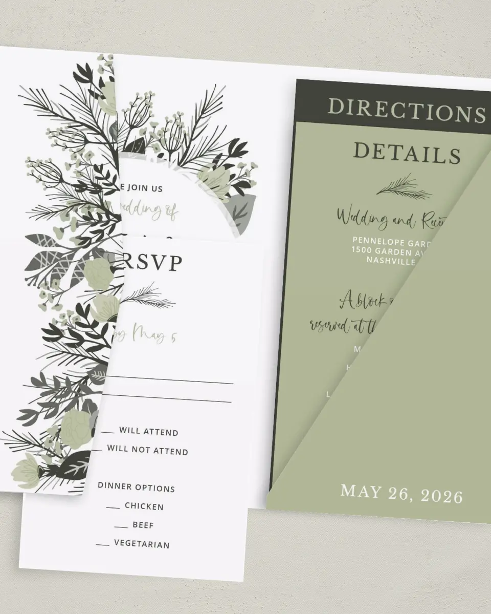 This is a 5" x 7⅞" Pocket Wedding Invitation called Greenery Crown printed in full color with Gold foil on Luxe Satin (coated) paper