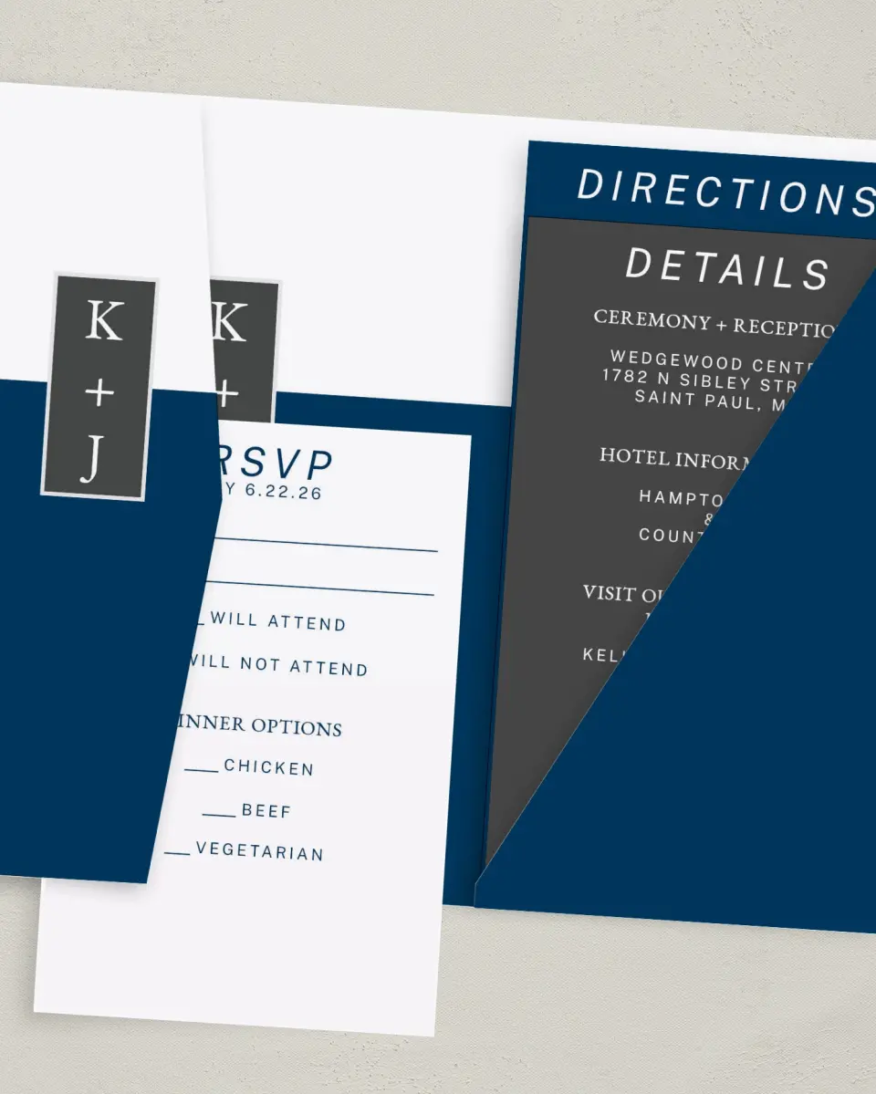 This is a 5" x 7⅞" Pocket Wedding Invitation called Best Wedding Ever printed in full color with Gold foil on Luxe Satin (coated) paper