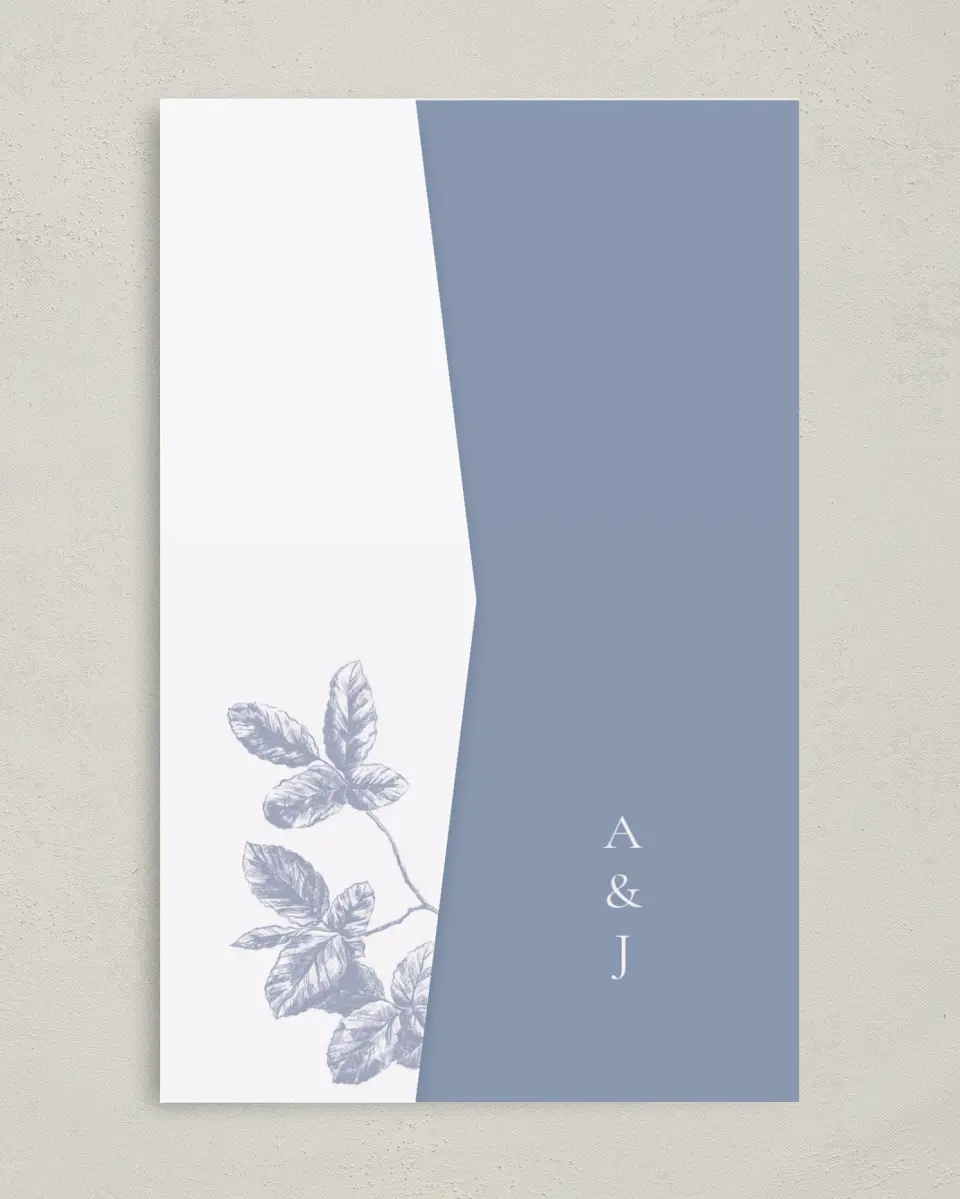 This is a 5" x 7⅞" Pocket Wedding Invitation called Leafy Elegance printed in full color on Premium Smooth paper