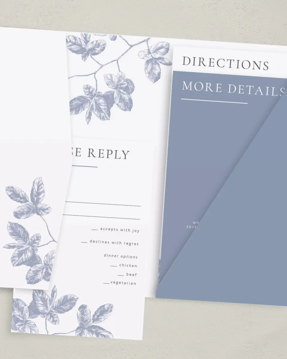 This is a 5" x 7⅞" Pocket Wedding Invitation called Leafy Elegance printed in full color on Premium Smooth paper