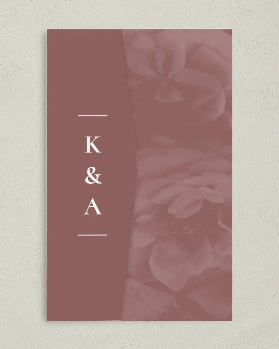 This is a 5" x 7⅞" Pocket Wedding Invitation called Blushing Beauty printed in full color on Premium Smooth paper