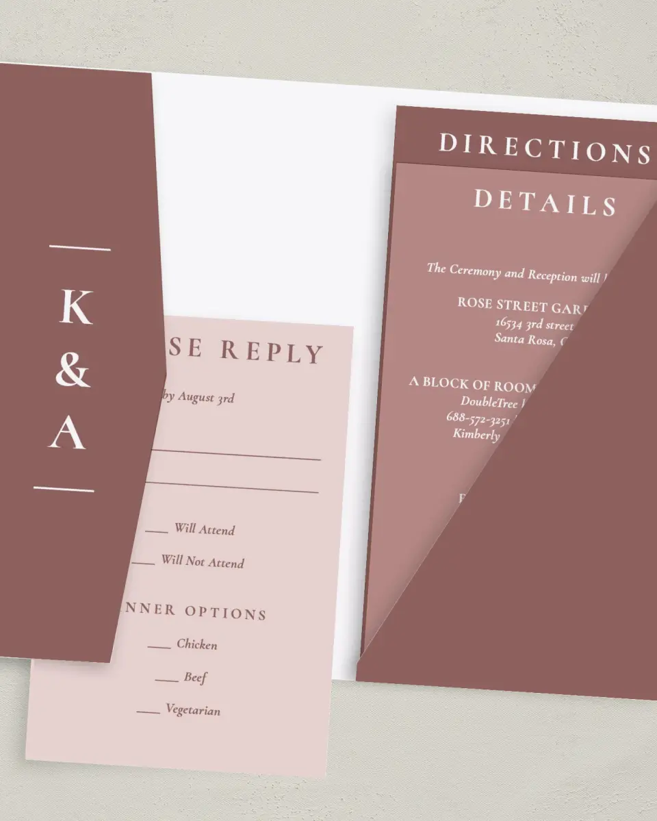 This is a 5" x 7⅞" Pocket Wedding Invitation called Blushing Beauty printed in full color with Gold foil on Luxe Satin (coated) paper