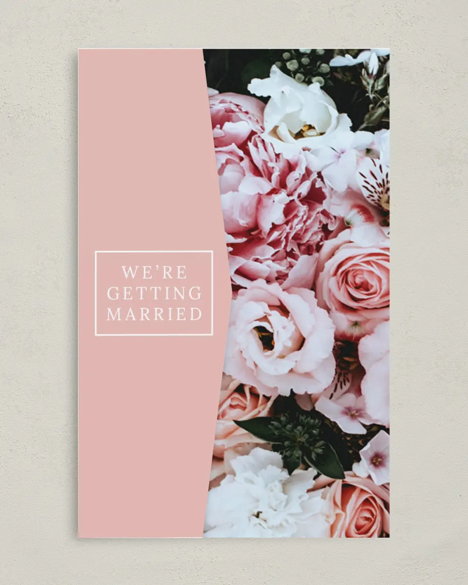 This is a 5" x 7⅞" Pocket Wedding Invitation called Fantasia Garden printed in full color on Premium Smooth paper