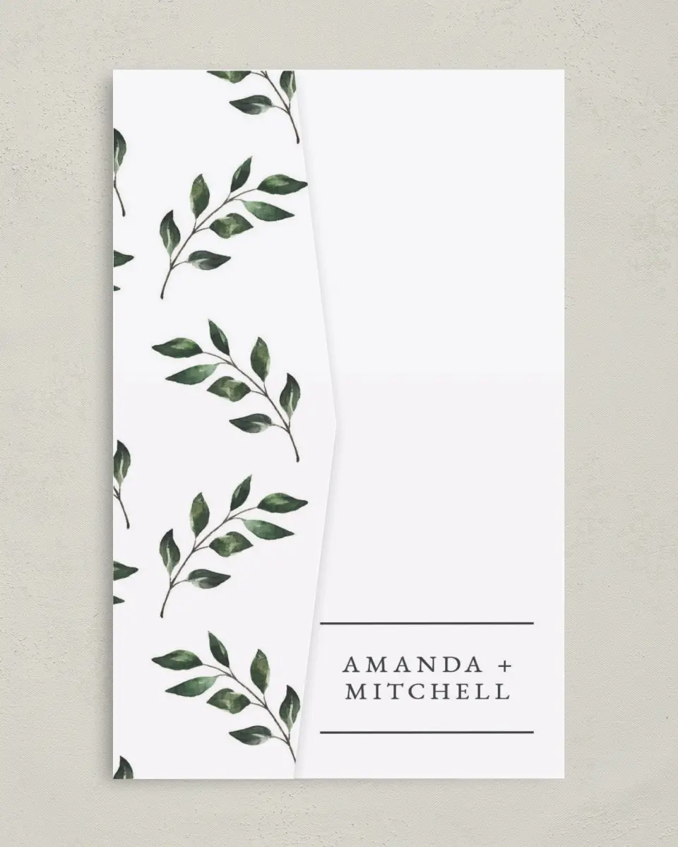 This is a 5" x 7⅞" Pocket Wedding Invitation called Sprinkled Sprig printed in full color on Premium Smooth paper
