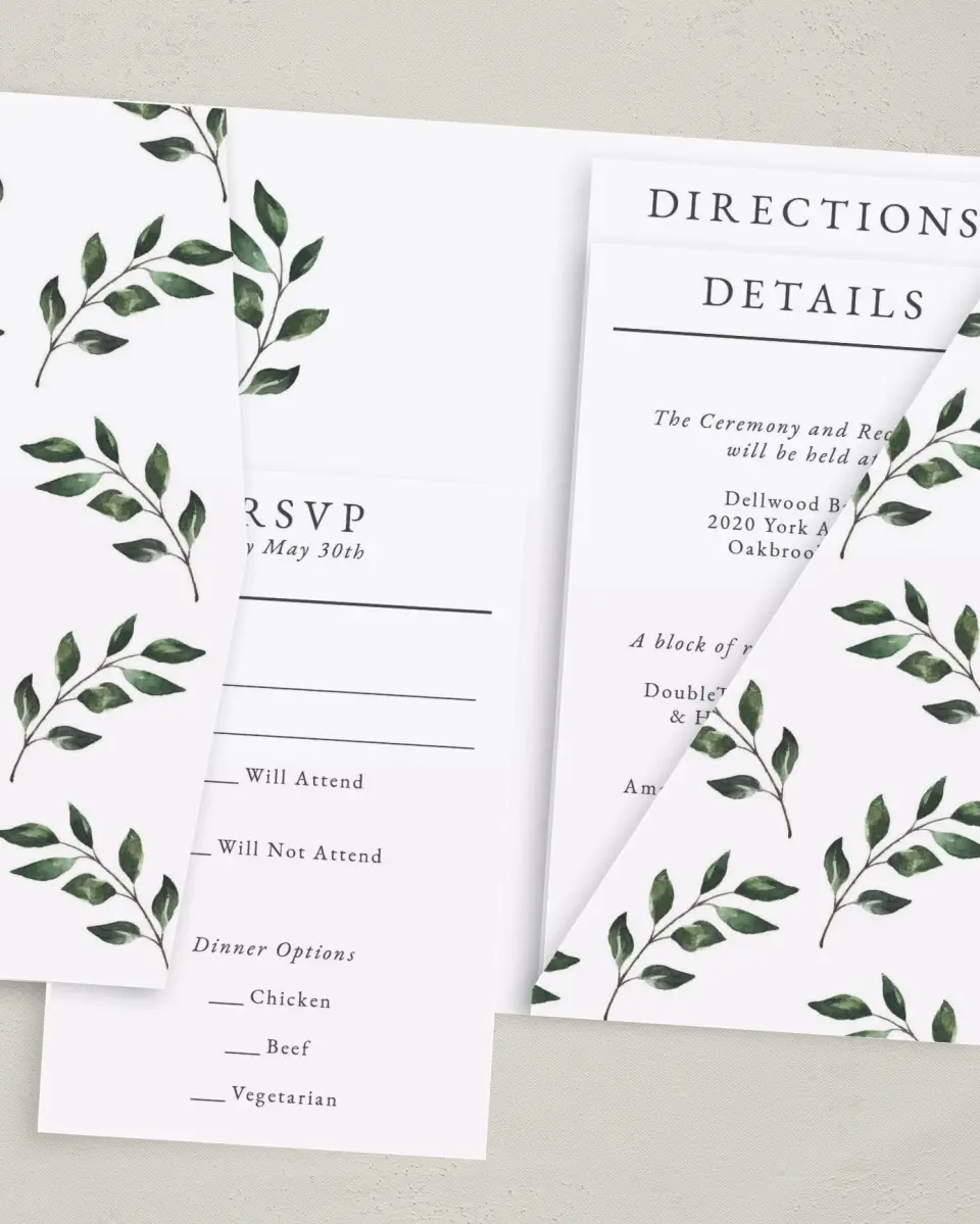 This is a 5" x 7⅞" Pocket Wedding Invitation called Sprinkled Sprig printed in full color with Gold foil on Luxe Satin (coated) paper