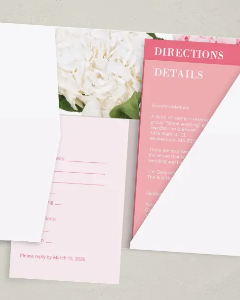 This is a 5" x 7⅞" Pocket Wedding Invitation called Antique Hydrangea printed in full color on Premium Smooth paper