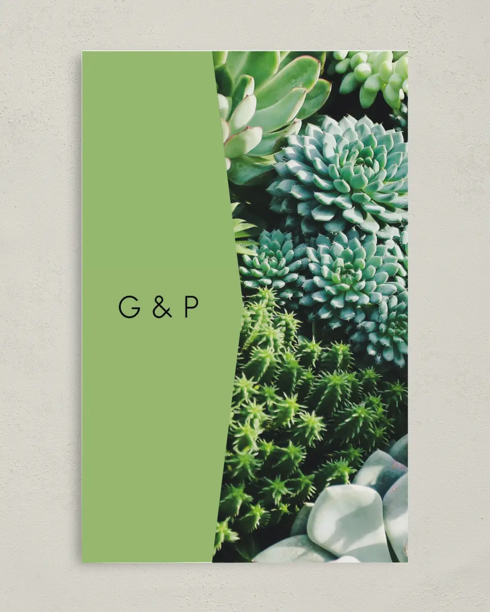 This is a 5" x 7⅞" Pocket Wedding Invitation called Sophisticated Succulents printed in full color on Premium Smooth paper