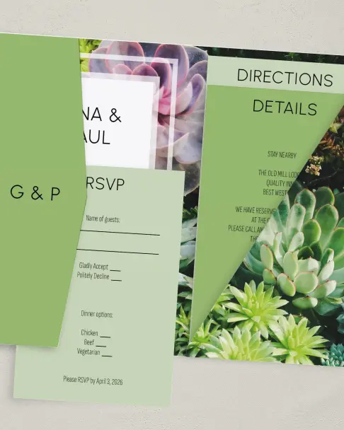 This is a 5" x 7⅞" Pocket Wedding Invitation called Sophisticated Succulents printed in full color on Premium Smooth paper