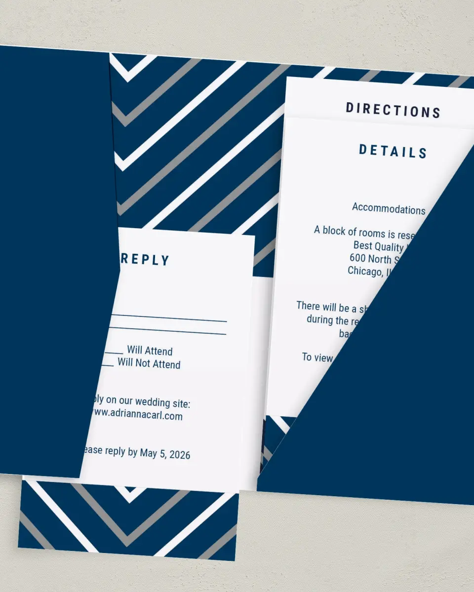 This is a 5" x 7⅞" Pocket Wedding Invitation called Posh Chevron printed in full color with Gold foil on Luxe Satin (coated) paper