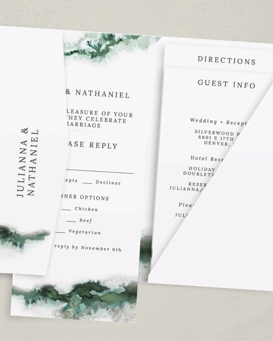 This is a 5" x 7⅞" Pocket Wedding Invitation called Ethereal Pool printed in full color with Gold foil on Luxe Satin (coated) paper