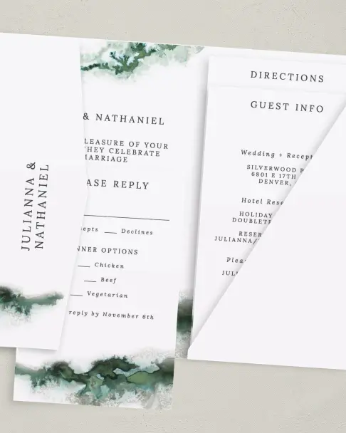 This is a 5" x 7⅞" Pocket Wedding Invitation called Ethereal Pool printed in full color on Premium Smooth paper