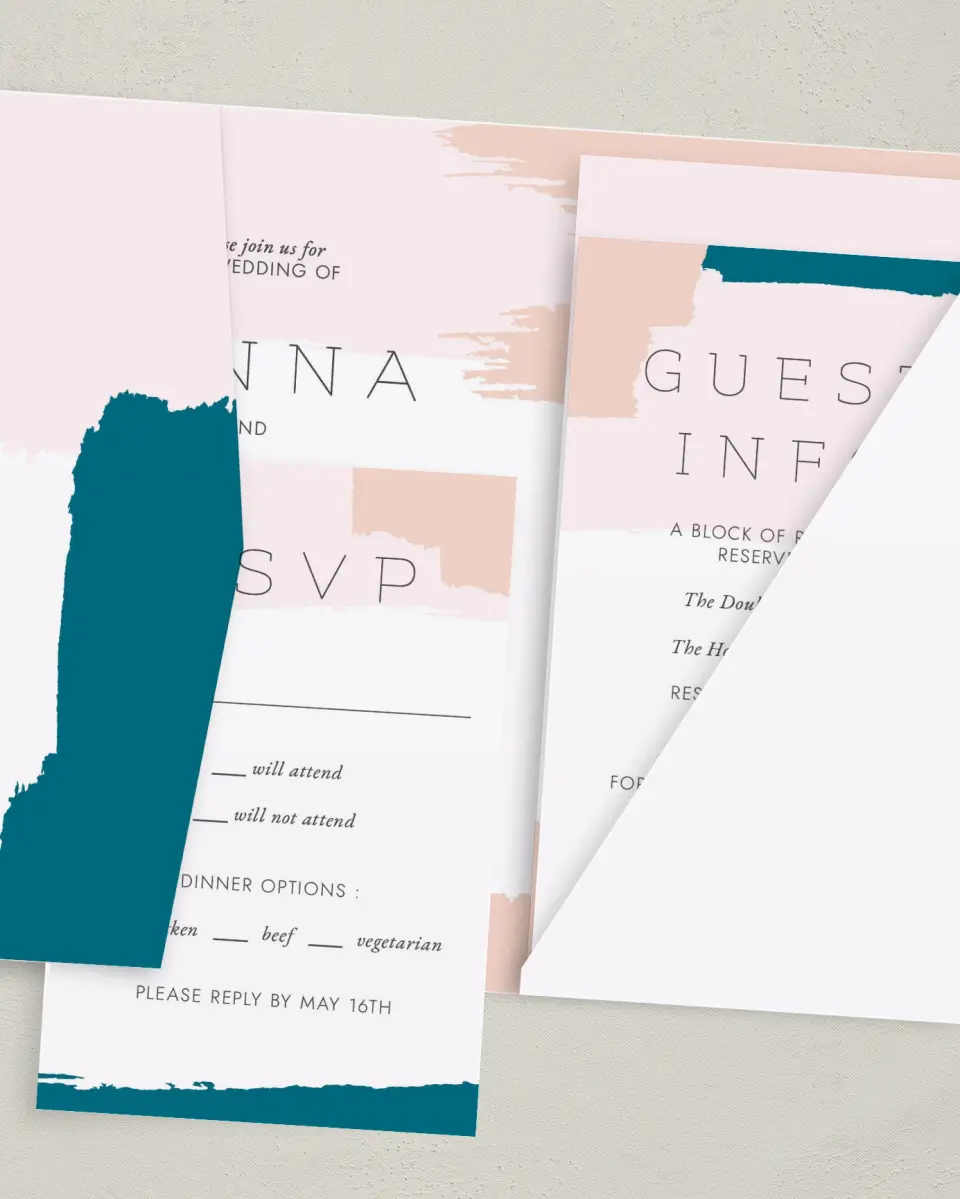 This is a 5" x 7⅞" Pocket Wedding Invitation called Bold Brushstrokes printed in full color with Gold foil on Luxe Satin (coated) paper