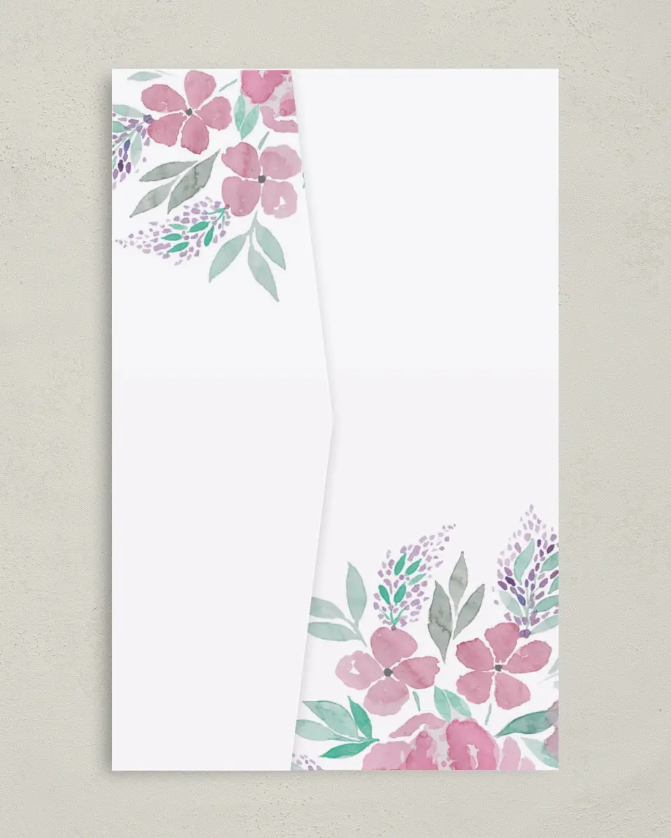 This is a 5" x 7⅞" Pocket Wedding Invitation called Antique Splendor printed in full color on Premium Smooth paper