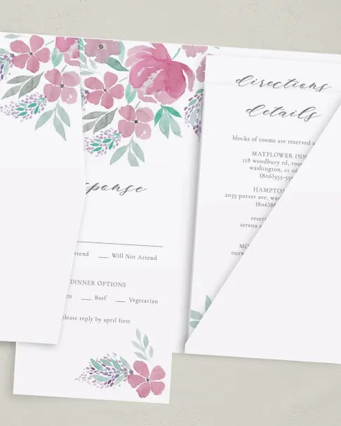 This is a 5" x 7⅞" Pocket Wedding Invitation called Antique Splendor printed in full color on Premium Smooth paper