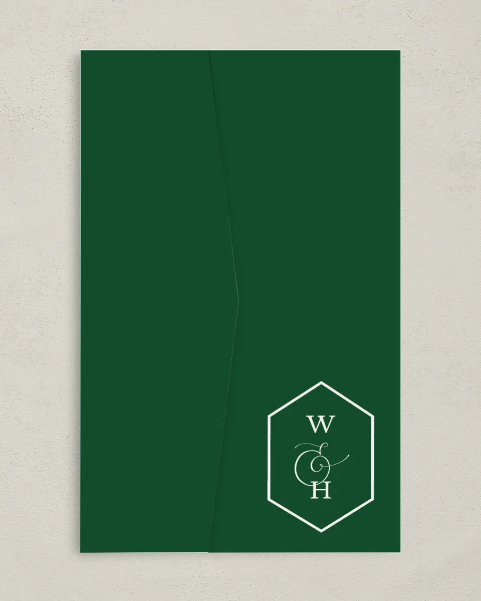 This is a 5" x 7⅞" Pocket Wedding Invitation called Wispy Greenery printed in full color on Premium Smooth paper