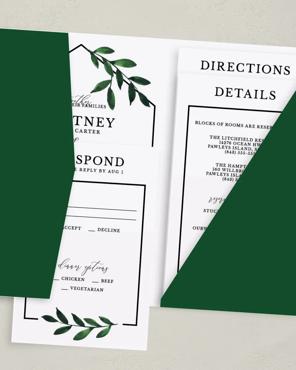 This is a 5" x 7⅞" Pocket Wedding Invitation called Wispy Greenery printed in full color with Gold foil on Luxe Satin (coated) paper