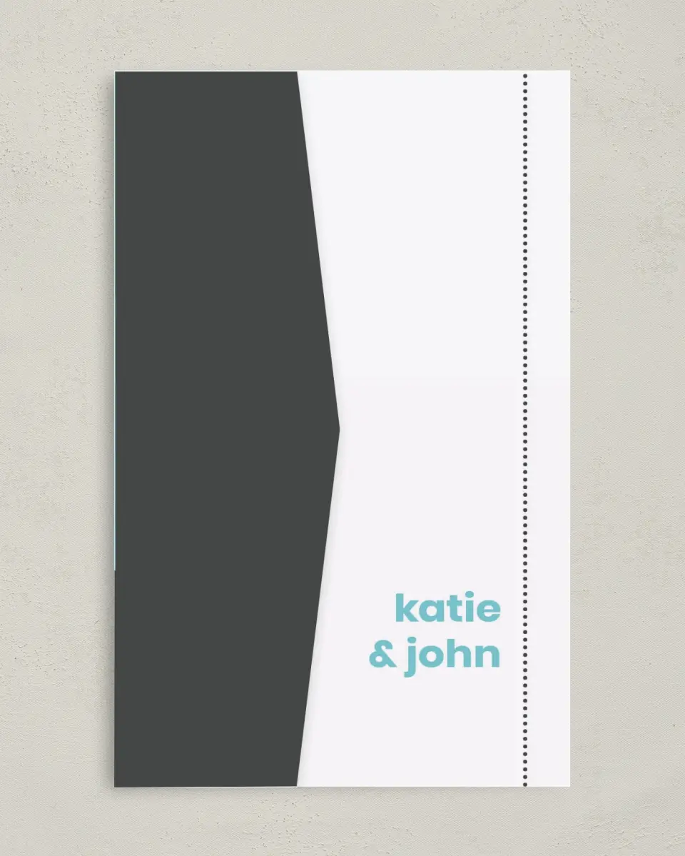 This is a 5" x 7⅞" Pocket Wedding Invitation called Mod Blocks printed in full color on Premium Smooth paper