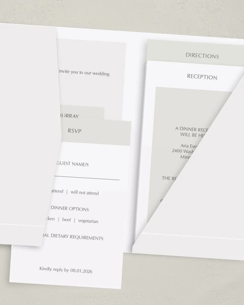 This is a 5" x 7⅞" Pocket Wedding Invitation called Exquisitely Simple printed in full color on Premium Smooth paper