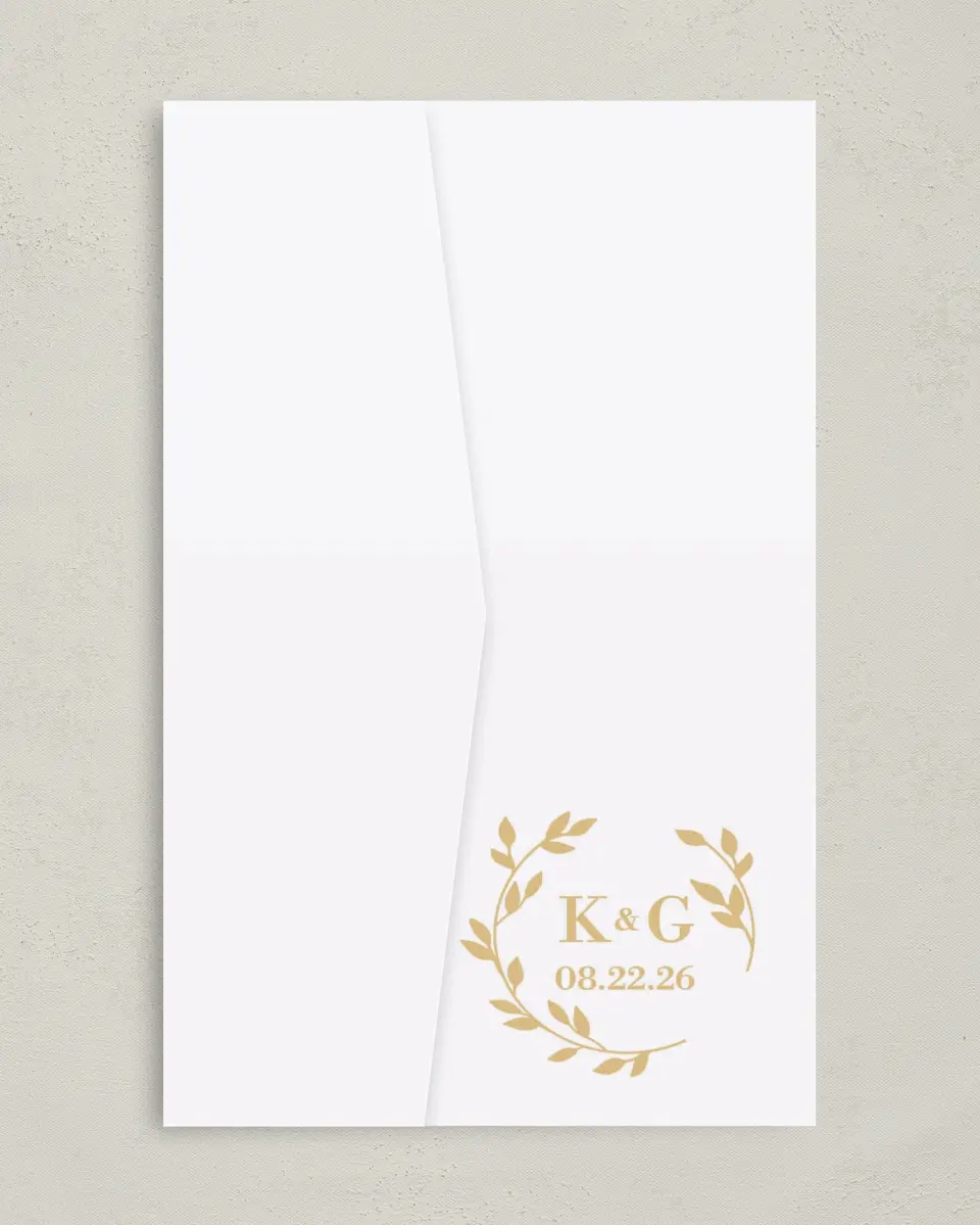 This is a 5" x 7⅞" Pocket Wedding Invitation called Charming Monogram printed in full color with Rose Gold foil on Luxe Satin (coated) paper