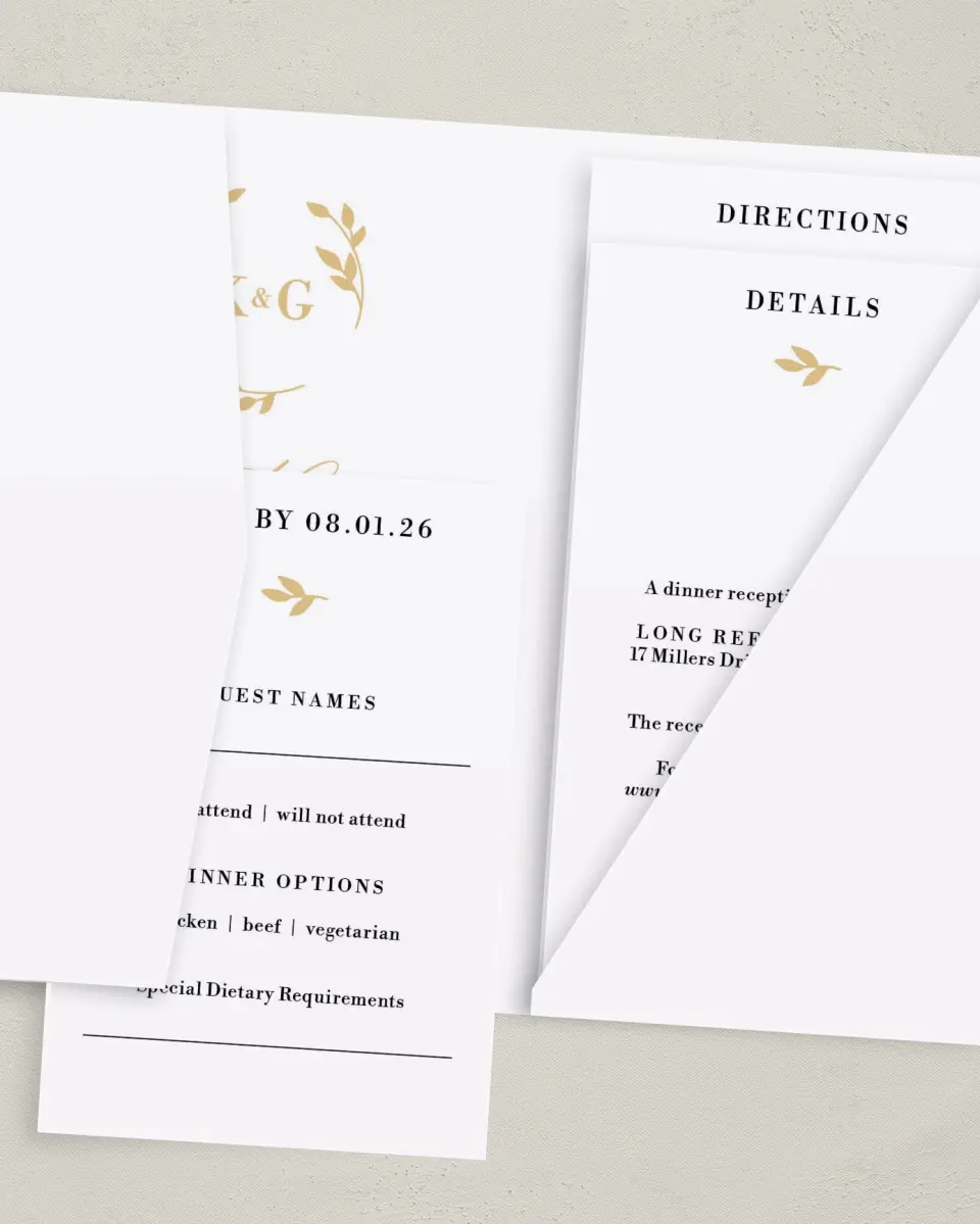 This is a 5" x 7⅞" Pocket Wedding Invitation called Charming Monogram printed in full color with Rose Gold foil on Luxe Satin (coated) paper
